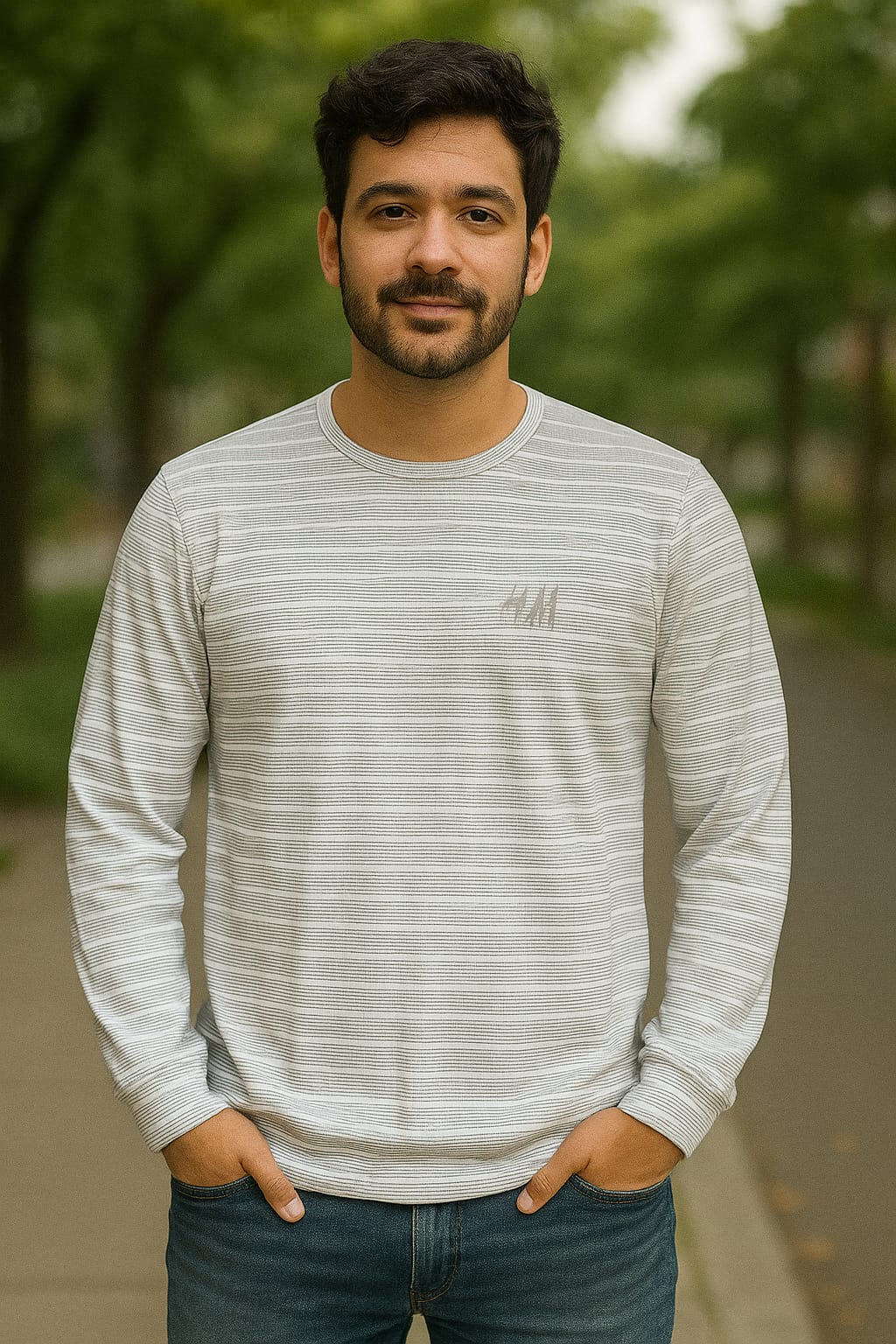 Men's Casual Striped Long Sleeve T-Shirt – Light Grey