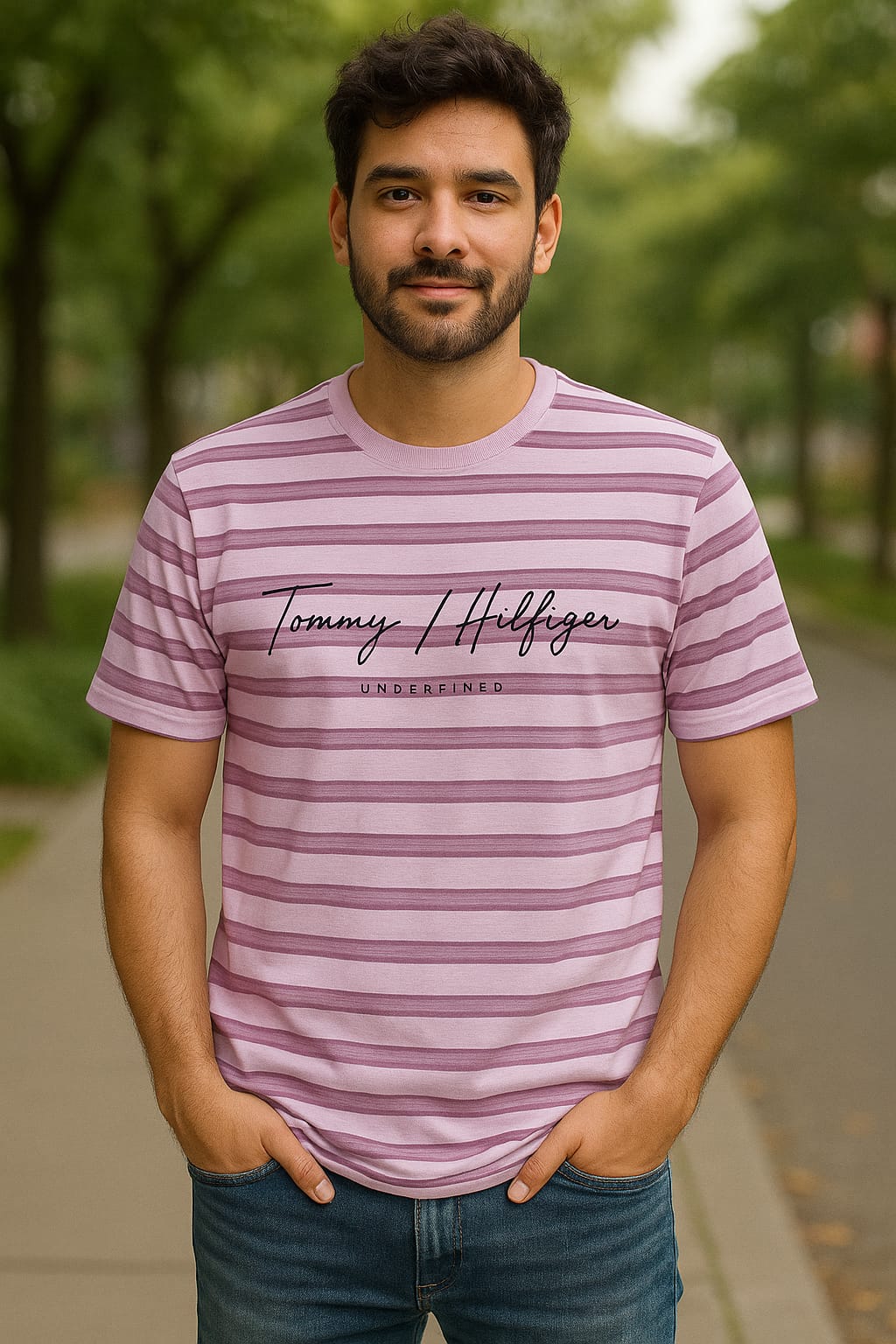 Men’s Pink & White Striped Crew Neck T-Shirt – Tommy Hilfiger Graphic Print