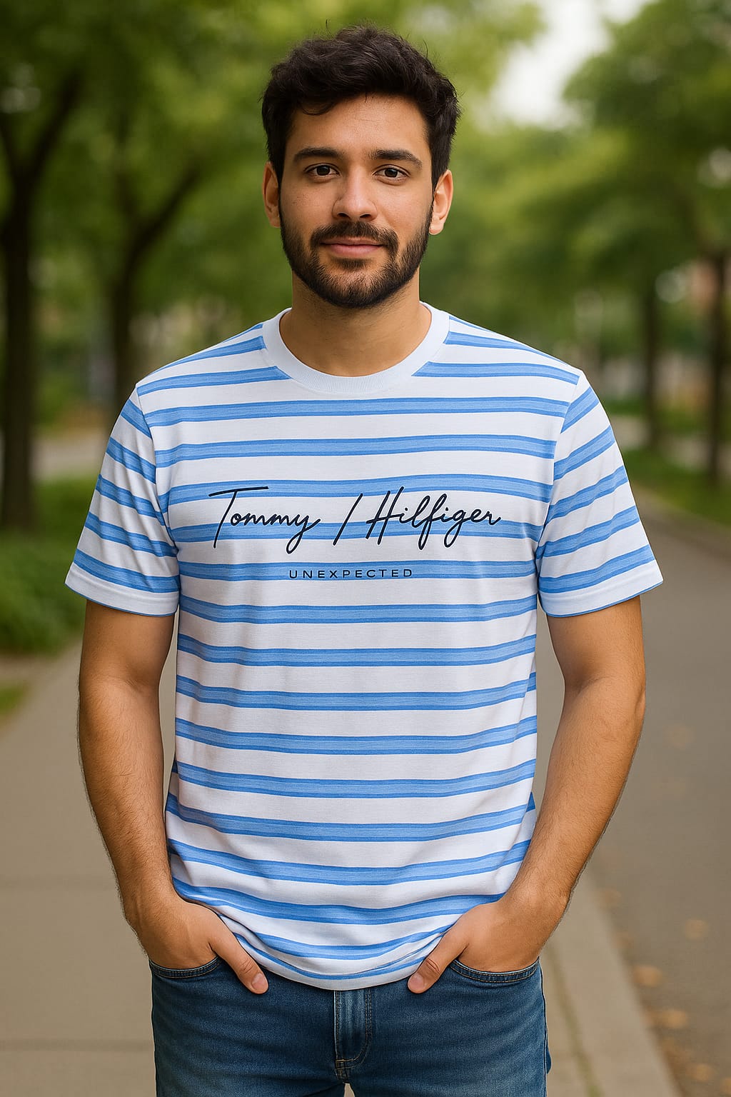 Men's Tommy Hilfiger Striped Crew Neck T-Shirt – Blue & White