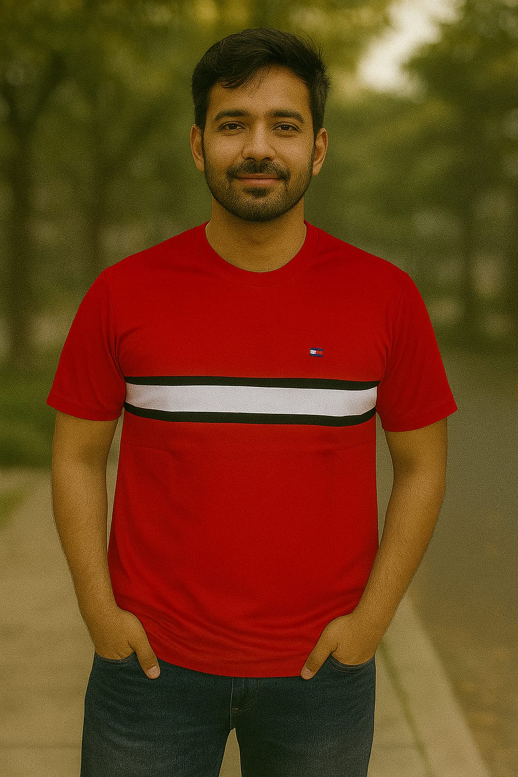 Men’s Red Crew Neck T-Shirt – Colorblock Stripe Design with Logo Detail