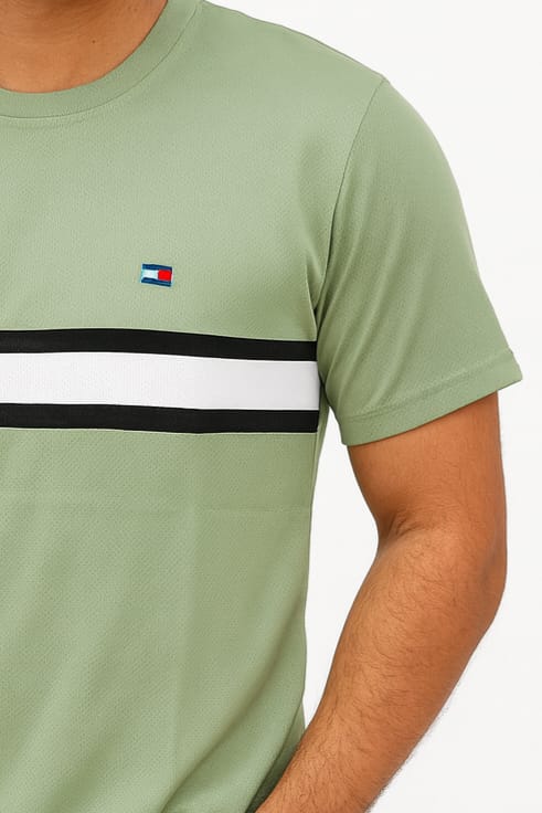 Men’s Green Casual T-Shirt with Contrast Chest Stripe