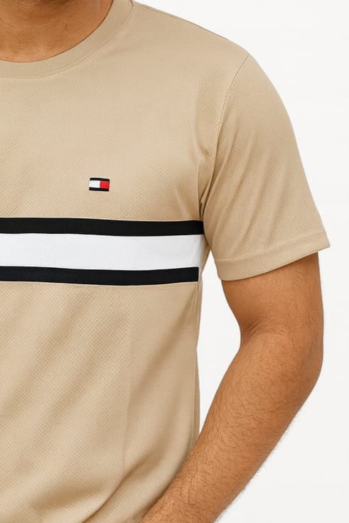 Beige Casual T-Shirt with Contrast Stripe Design for Men