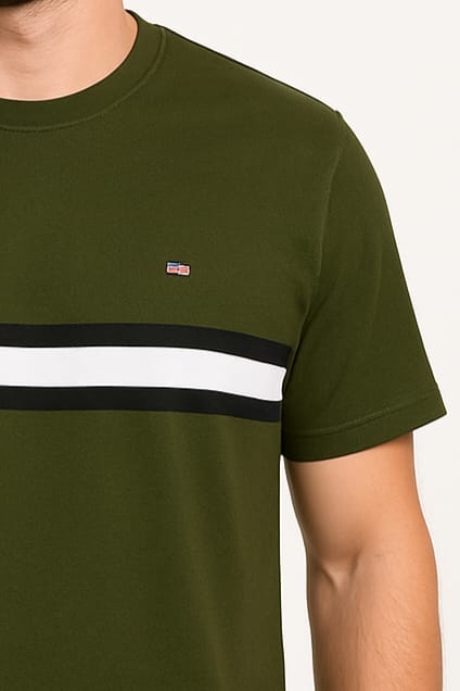 Men’s Olive Green Casual T-Shirt with Contrast Stripe