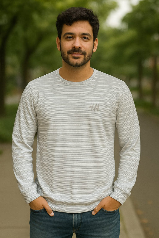 Men's Casual Striped Long Sleeve T-Shirt – Light Grey
