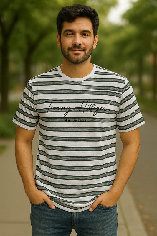 Men’s Green & White Striped Crew Neck T-Shirt – Tommy Hilfiger Graphic Print