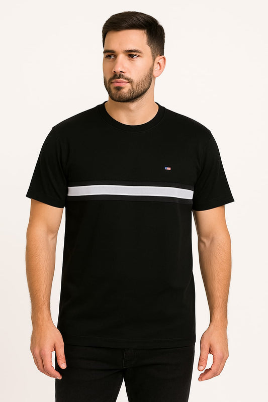 Men's Black Crew Neck T-Shirt with Grey & White Chest Stripe
