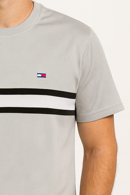 Men’s Grey Casual T-Shirt with Contrast Chest Stripe
