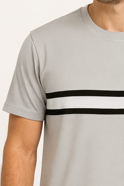 Men’s Grey Casual T-Shirt with Contrast Chest Stripe