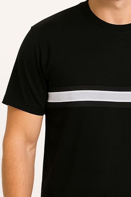 Men's Black Crew Neck T-Shirt with Grey & White Chest Stripe