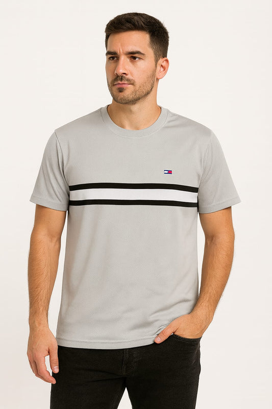 Men’s Grey Casual T-Shirt with Contrast Chest Stripe