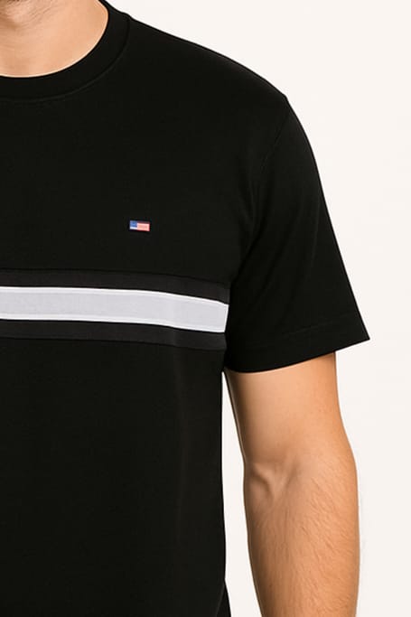 Men's Black Crew Neck T-Shirt with Grey & White Chest Stripe