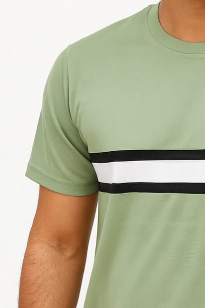 Men’s Green Casual T-Shirt with Contrast Chest Stripe
