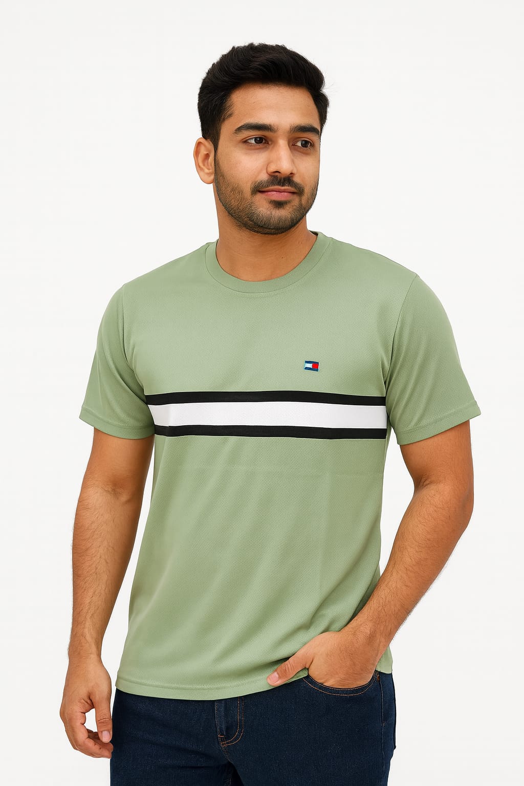 Men’s Green Casual T-Shirt with Contrast Chest Stripe