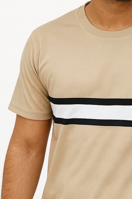 Beige Casual T-Shirt with Contrast Stripe Design for Men