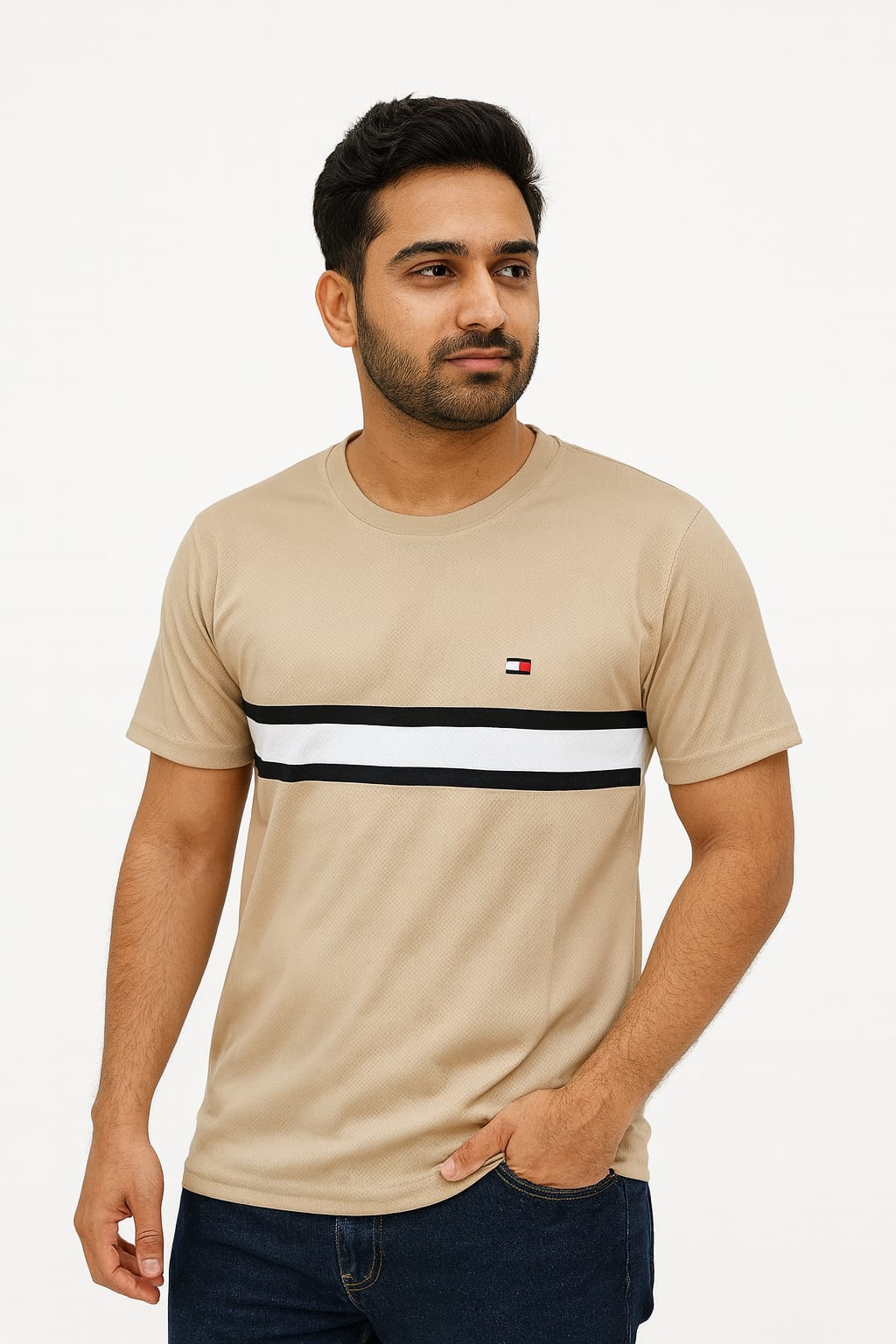Beige Casual T-Shirt with Contrast Stripe Design for Men
