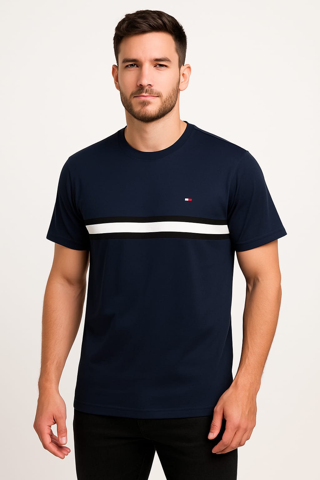 Men’s Navy Blue Casual T-Shirt with Contrast Stripe