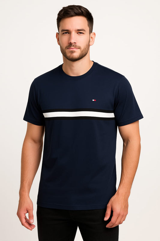 Men’s Navy Blue Casual T-Shirt with Contrast Stripe