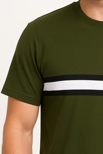 Men’s Olive Green Casual T-Shirt with Contrast Stripe