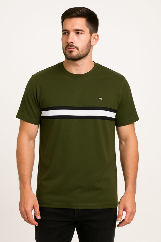 Men’s Olive Green Casual T-Shirt with Contrast Stripe