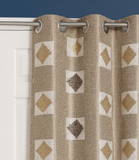 Beige Printed Eyelet Curtain with Geometric Pattern – 7 Feet