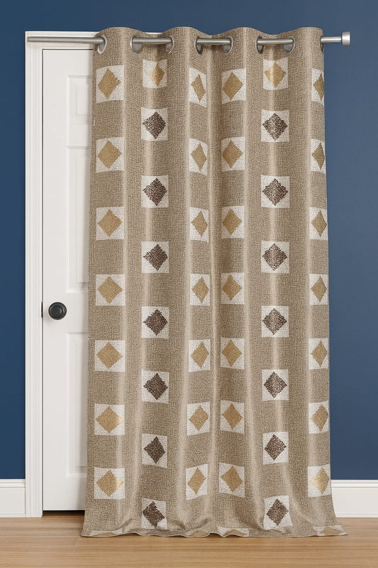 Beige Printed Eyelet Curtain with Geometric Pattern – 7 Feet
